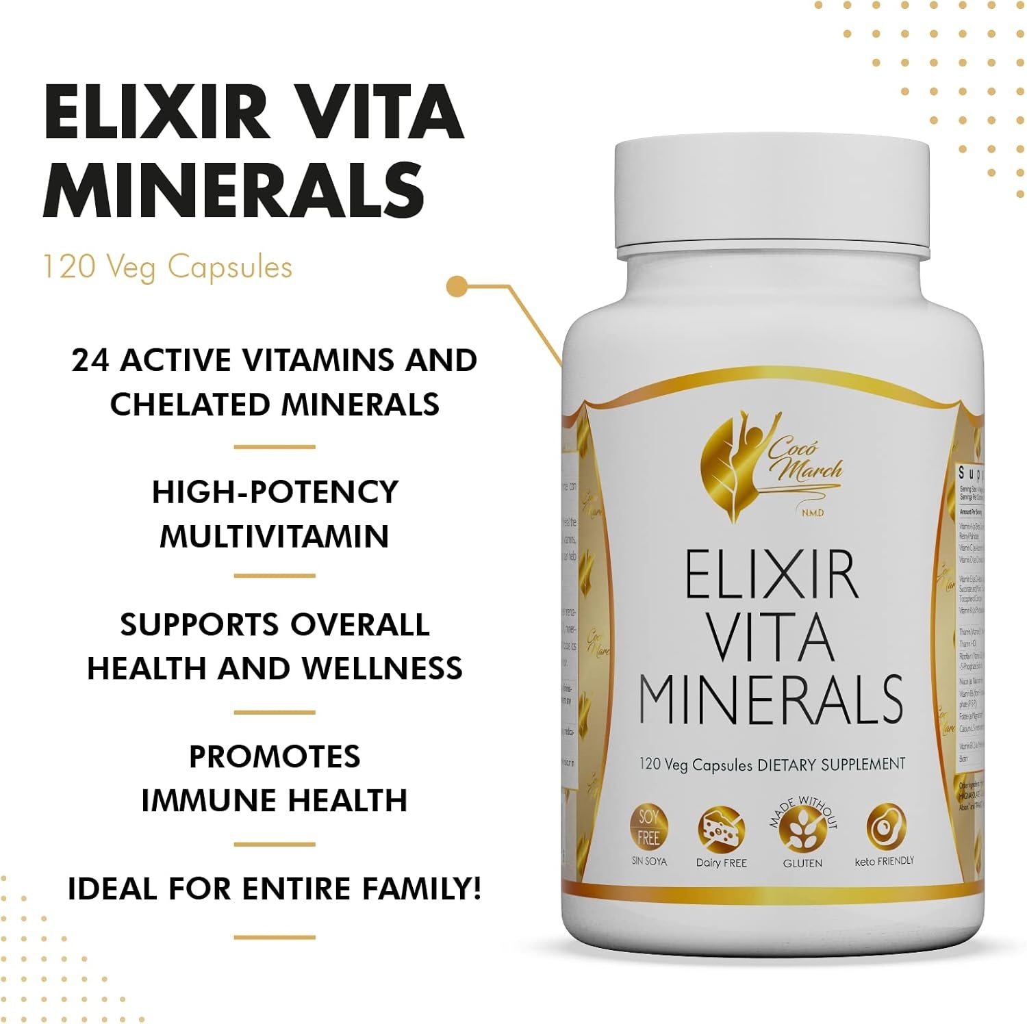 Cocó March N.M.D Elixir Vita Minerals - HIGH Potency - 24 Vitamins and Essential Minerals - Gluten Free, Dairy Free, Keto Friendly, Soy Free, 120 Capsules - Image 4