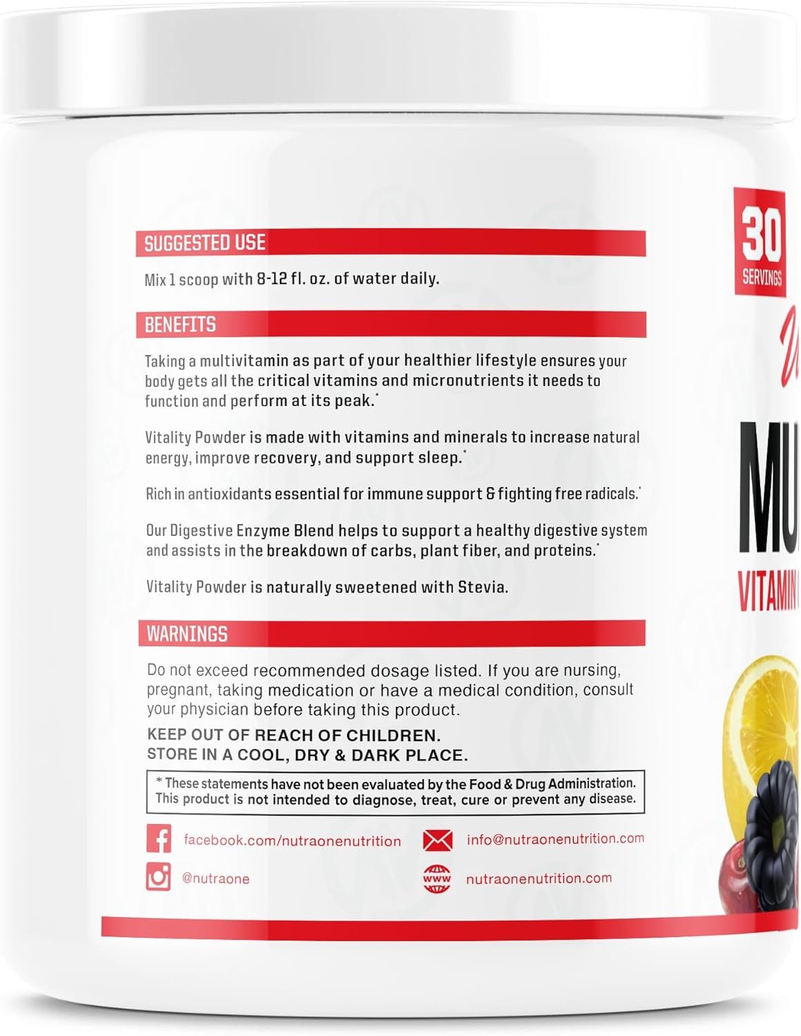 NutraOne Vitality Vitamin Powder Powdered Vitamin and Mineral Supplement (Fruit Punch - 30 Servings) - Image 2