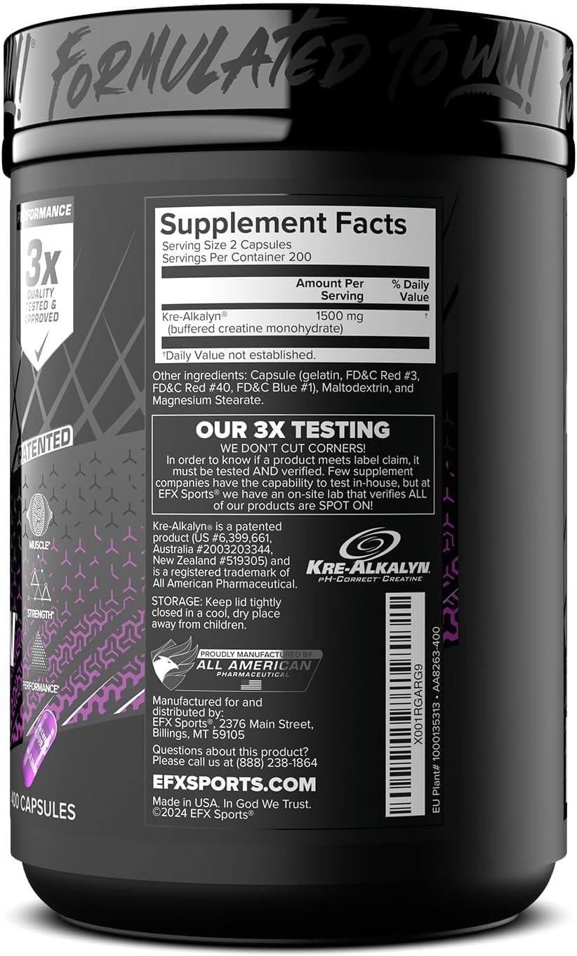 EFX Sports Kre-Alkalyn EFX | pH Correct Creatine Monohydrate Pill Supplement | Strength, Muscle Growth & Performance | 200 Servings, 400 Capsules - Image 8