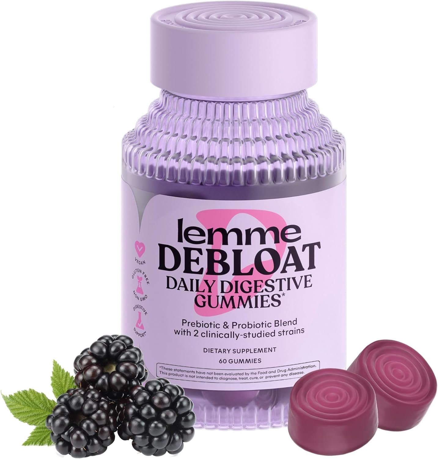 Lemme Debloat - Digestive & Gut Health Gummies with 2 Clinically Studied Probiotics & Prebiotic, Vegetarian, Gluten Free, Non GMO, BlackBerry Flavor (60 Count)