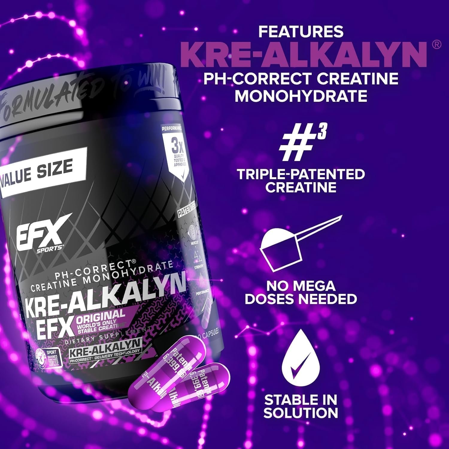 EFX Sports Kre-Alkalyn EFX | pH Correct Creatine Monohydrate Pill Supplement | Strength, Muscle Growth & Performance | 200 Servings, 400 Capsules - Image 3