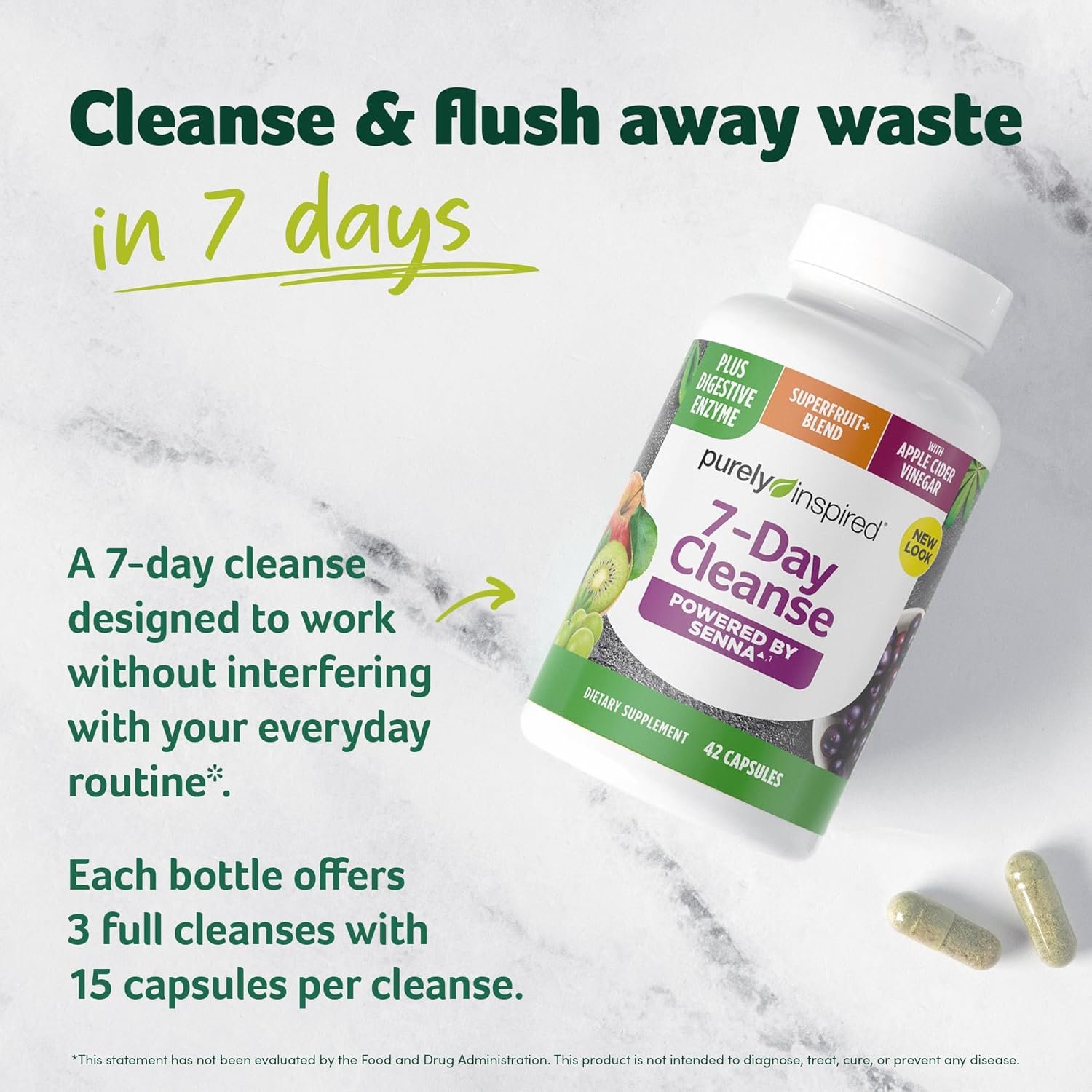 Purely Inspired 7-Day Detox Cleanse - Whole Body Cleanse & Detox Pills for Women & Men, Powered with Senna Leaf, Vitamin C, Apple Cider Vinegar, Digestive Enzymes & Probiotics - 42 Acai Berry Capsules - Image 2