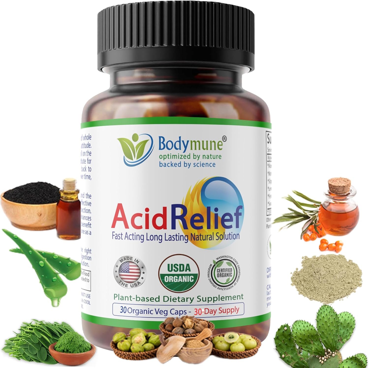 AcidRelief Acid Tamer | Promotes Stomach Comfort & Digestive Wellness* | Organic Herbal Blend for Gut Health* | 30 Capsules | Made in USA, USDA Organic, Vegan, Non-GMO, Gluten-Free