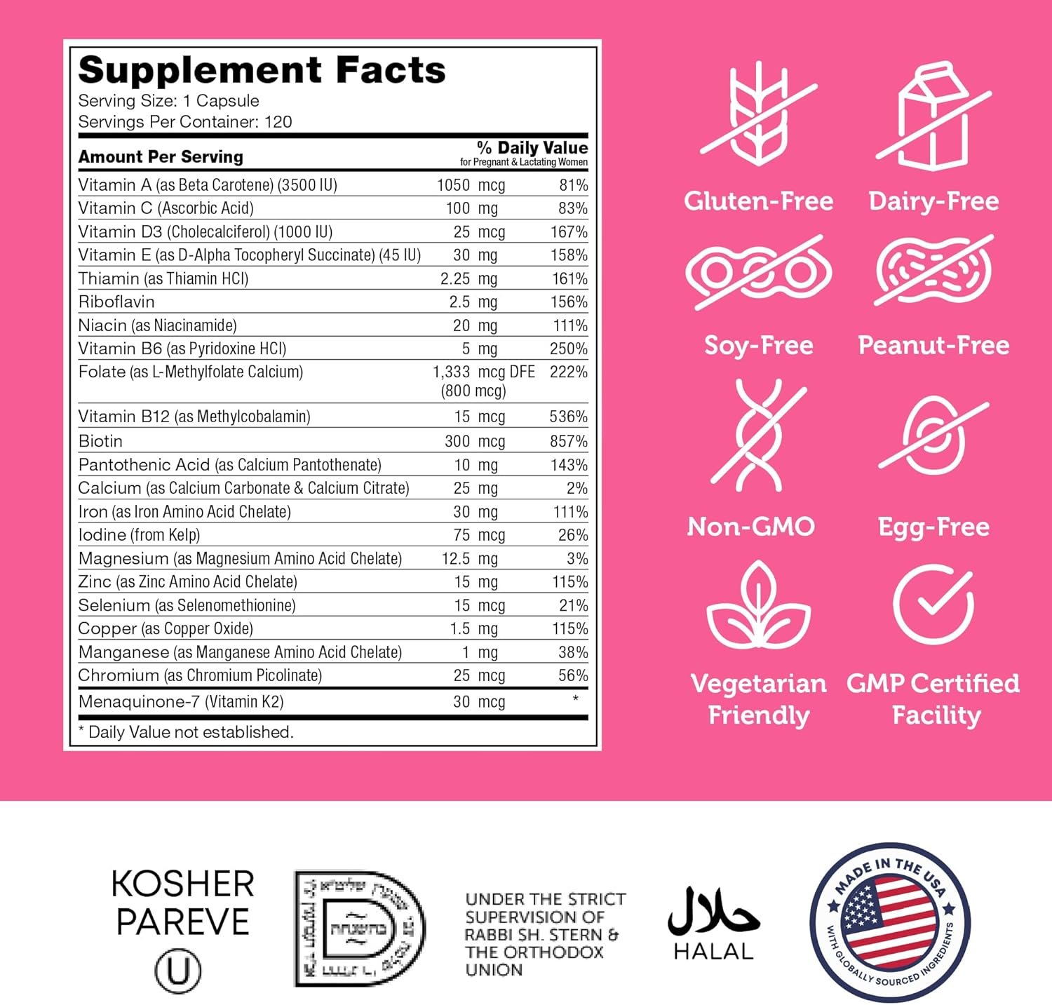 Zahler - Total One Prenatal Vitamins for Women (120 Count) Daily Multi Vitamin Prenatals with Folic Acid, Iron, Zinc & 19 Other Essential Vitamins & Minerals - Kosher Pre Natal Multivitamin Capsules - Image 4