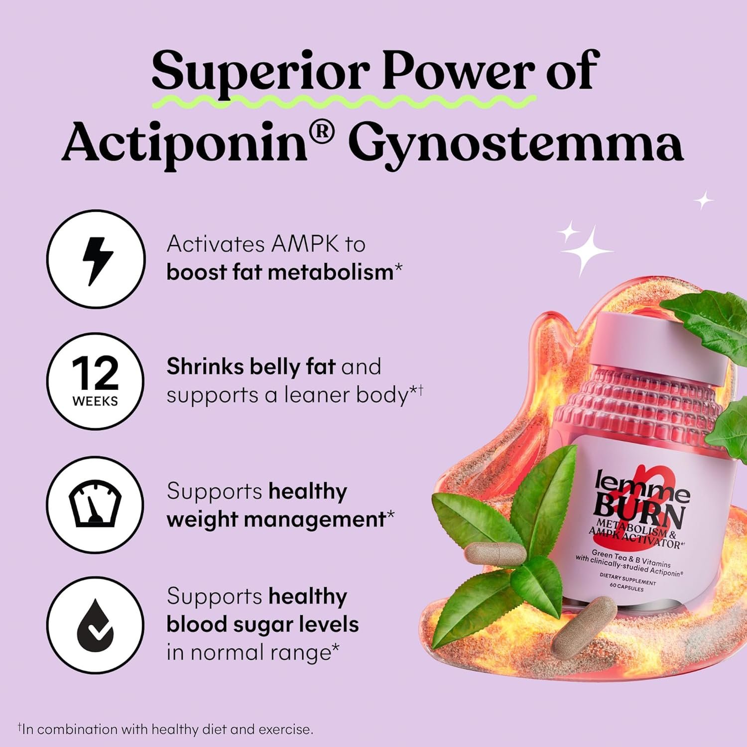 Lemme Burn - Metabolism, Belly Fat Burning + AMPK Activating Supplement for Men & Women w/Clinically Studied Actiponin Gynostemma, Green Tea Extract, Vitamins B6 & B12 - Gluten Free, 180 Count - Image 4