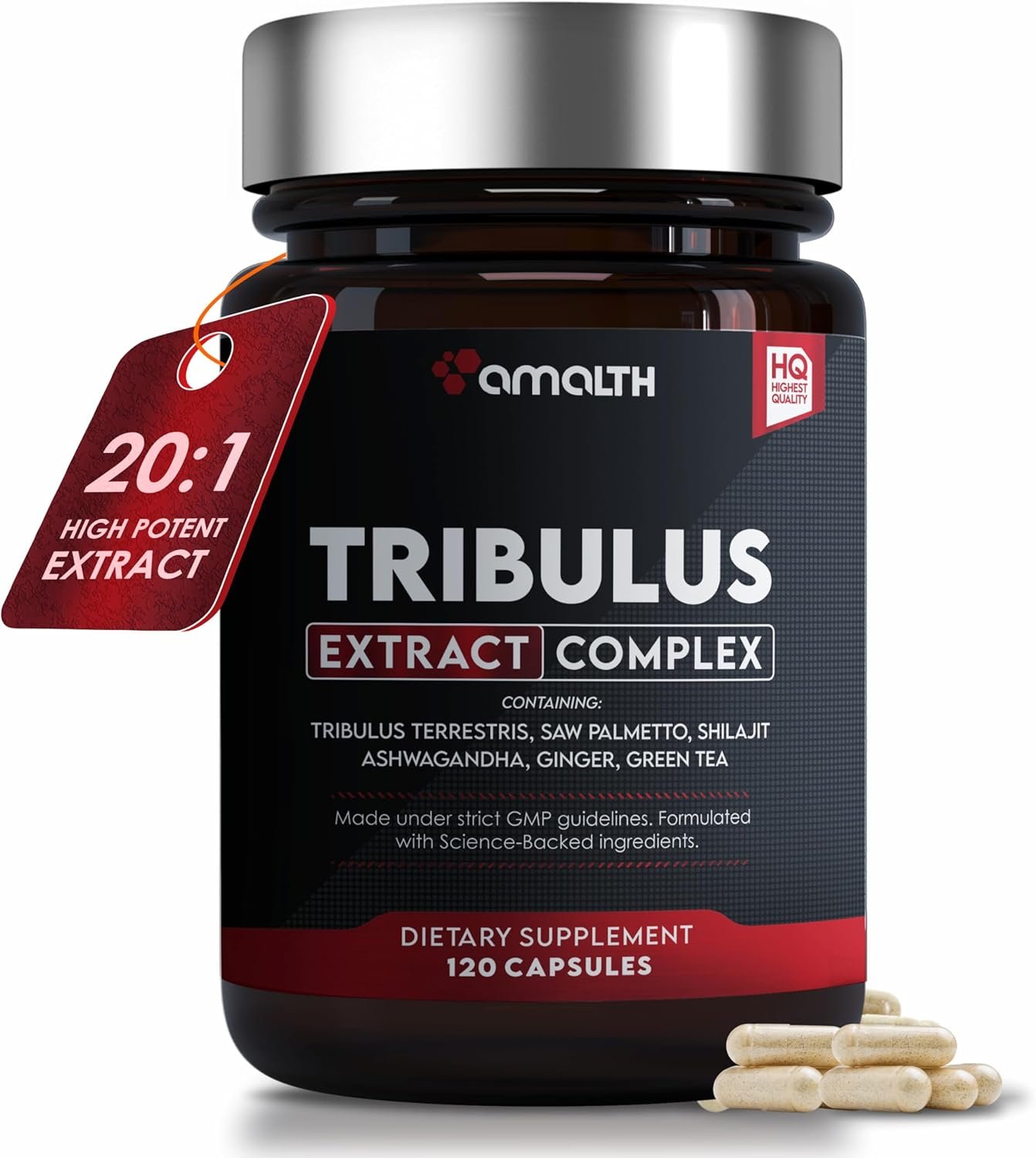 Amalth Tribulus Terrsestris, 20:1 Extract Per Serving, Highest Potency with Ashwagandha, Saw Palmetto, Shilajit 120 Capsules