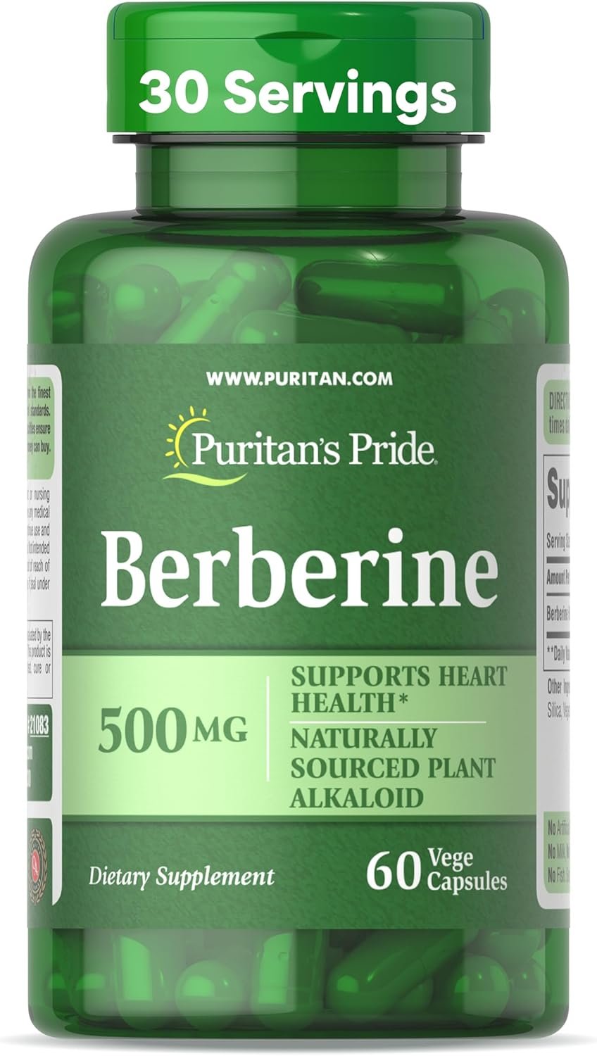 Puritan's Pride Berberine 500 mg, Dietary Supplement Support for Heart Health, Weight Loss, Support Blood Sugar and Cholesterol, 1 Month Supply, 60 Capsules