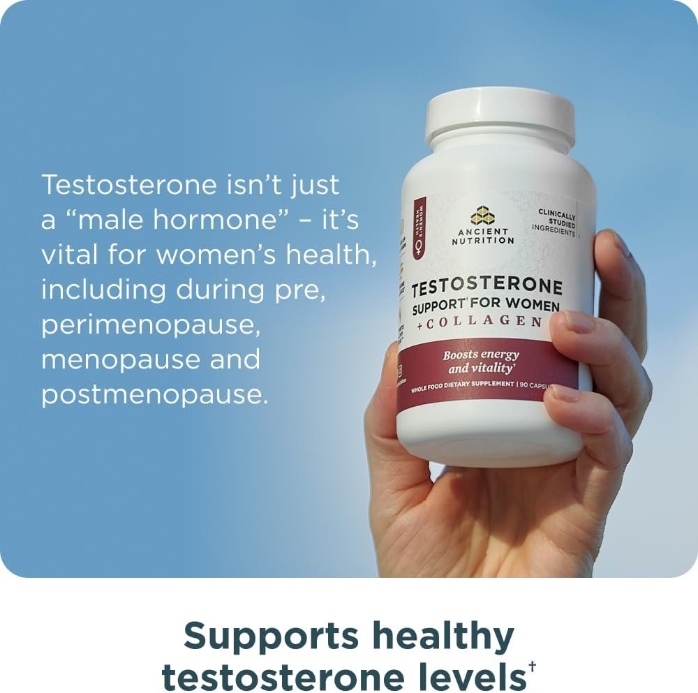 Ancient Nutrition Testosterone Support + Collagen Supplement, Hydrolyzed Collagen Peptides, Key Clinically Studied Superfoods Support Female Hormone Balance & Healthy Testosterone Levels, 90 Capsules - Image 4