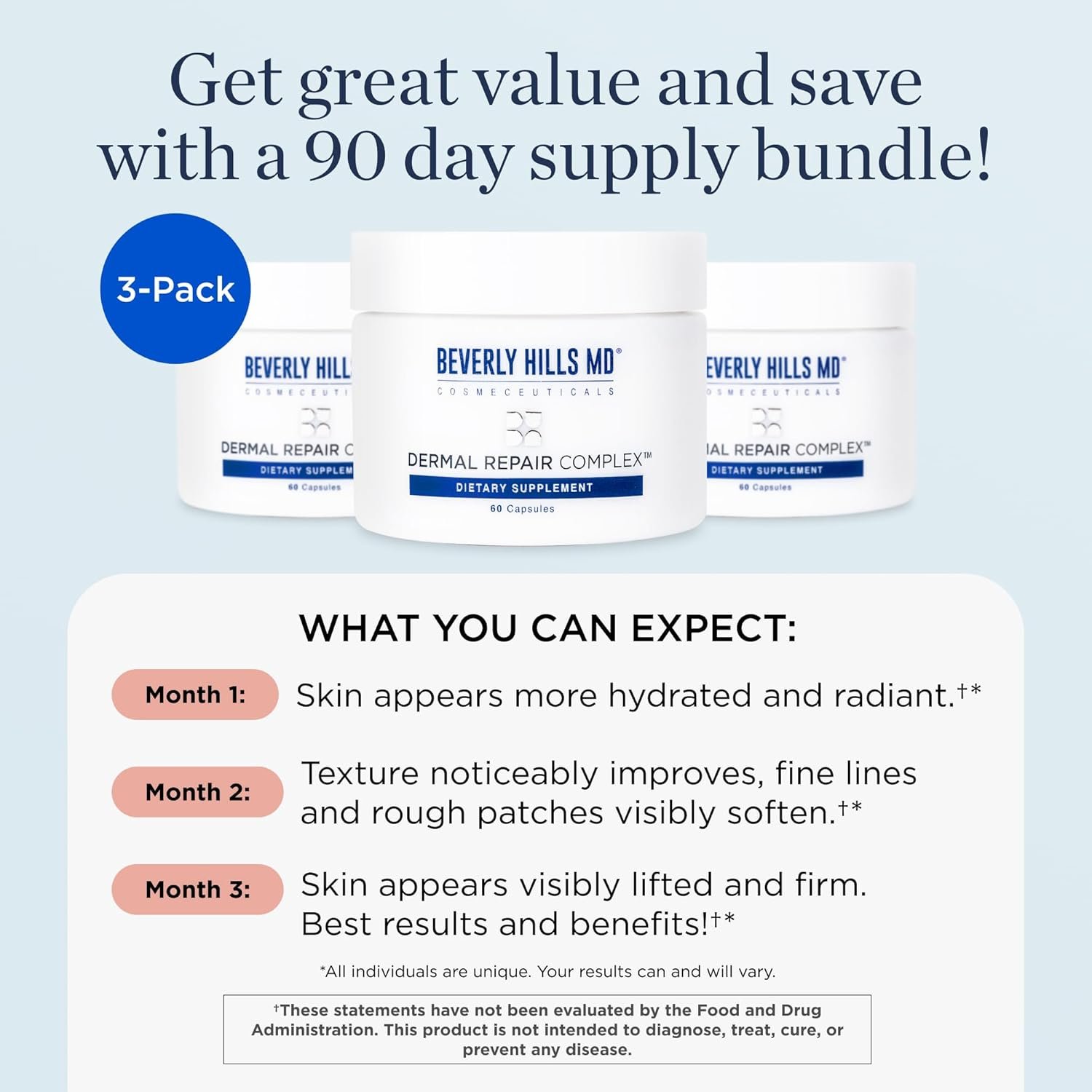 Beverly Hills MD Dermal Repair Anti-Aging Supplement - Hyaluronic Acid, Collagen, Vitamins for Smooth, Plump Skin (3) - Image 2