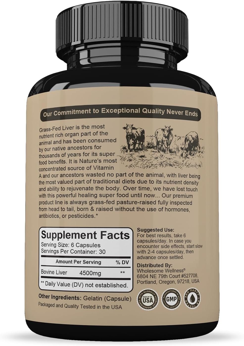 Wholesome Wellness Grass Fed Desiccated Beef Liver Capsules (180 Pills, 750mg Each) - Natural Iron, Vitamin A, B12 for Energy - Raised Undefatted in New Zealand Without Hormones or Chemicals - Image 2
