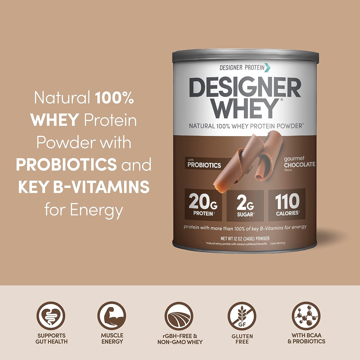 Designer Wellness, Designer Whey, Natural Whey Protein Powder with Probiotics, Fiber, and Key B-Vitamins for Energy, Gluten-Free, Gourmet Chocolate, 12oz - Image 3