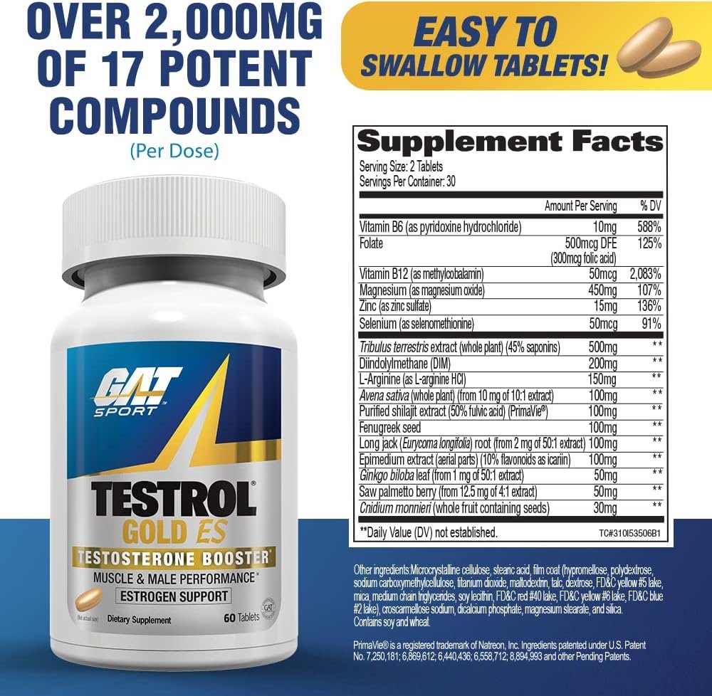 GAT SPORT Testrol Gold ES, Tribulus, DIM, Zinc, Longjack, Fenugreek, Saw Palmetto, Estrogen Balance, 60 Tablets - Image 2