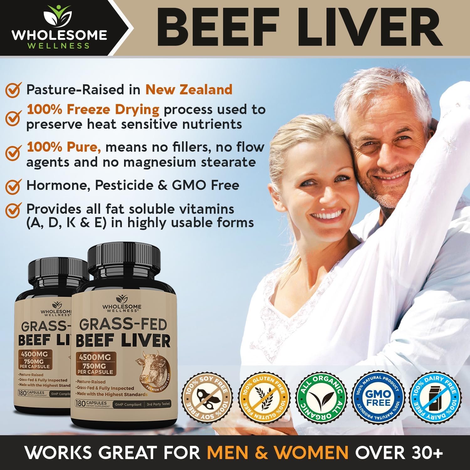 Wholesome Wellness Grass Fed Desiccated Beef Liver Capsules (180 Pills, 750mg Each) - Natural Iron, Vitamin A, B12 for Energy - Raised Undefatted in New Zealand Without Hormones or Chemicals - Image 5