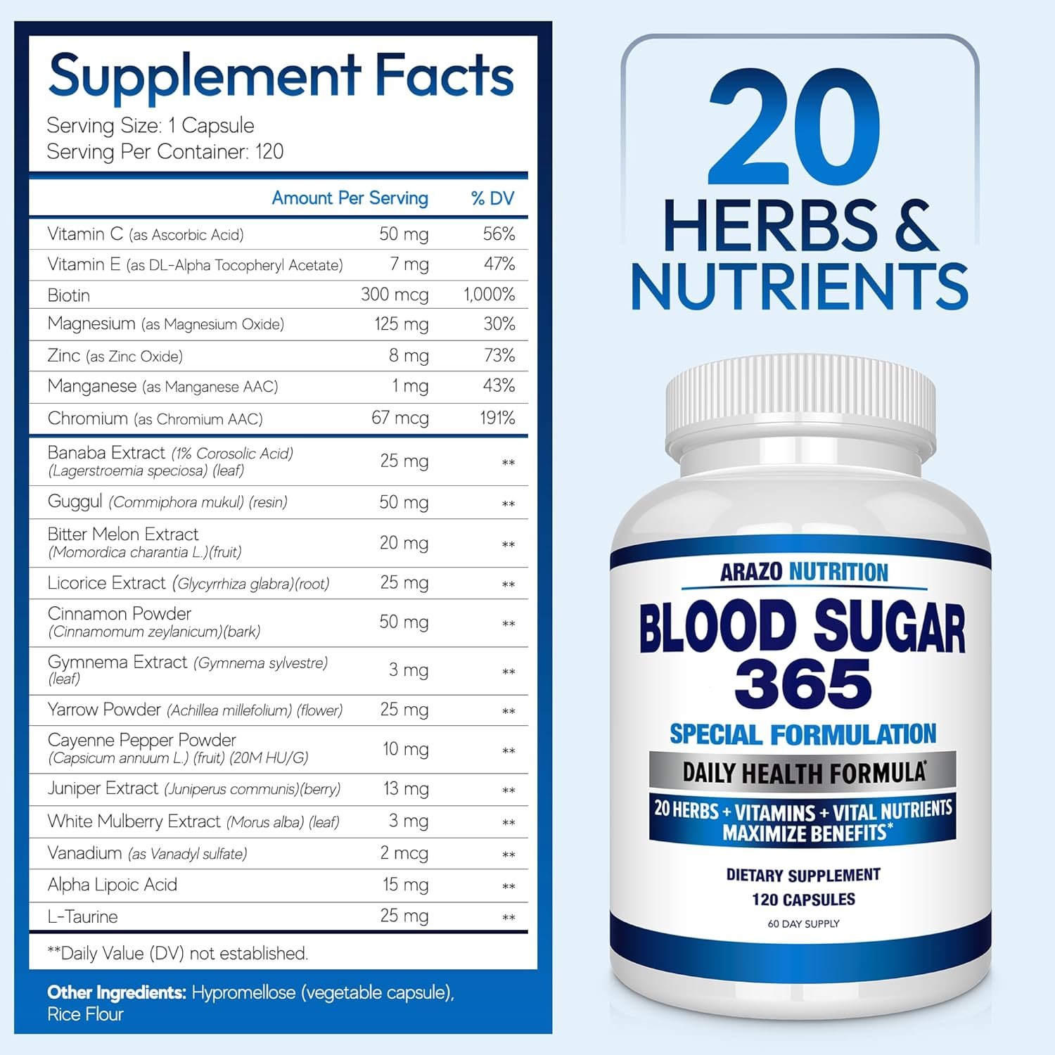 Arazo Nutrition Blood Sugar 365 Supplement – Supports Healthy Energy Levels - 120 Herbal Pills - 60 Day Supply - Image 2