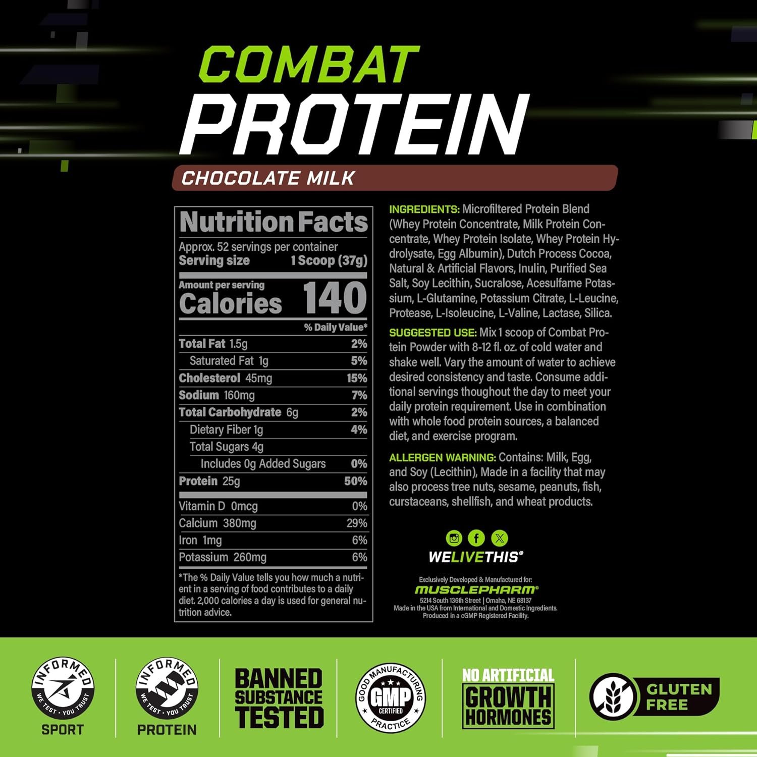 MusclePharm Combat Protein Powder, Chocolate Milk Flavor, Fuels Muscles for Productive Workouts, 5 Protein Sources Including Whey Protein Isolate & Egg Albumin, Gluten Free, 4.2 lb, 52 Servings - Image 3