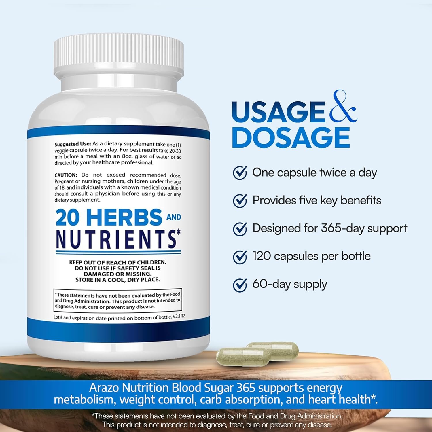 Arazo Nutrition Blood Sugar 365 Supplement – Supports Healthy Energy Levels - 120 Herbal Pills - 60 Day Supply - Image 4