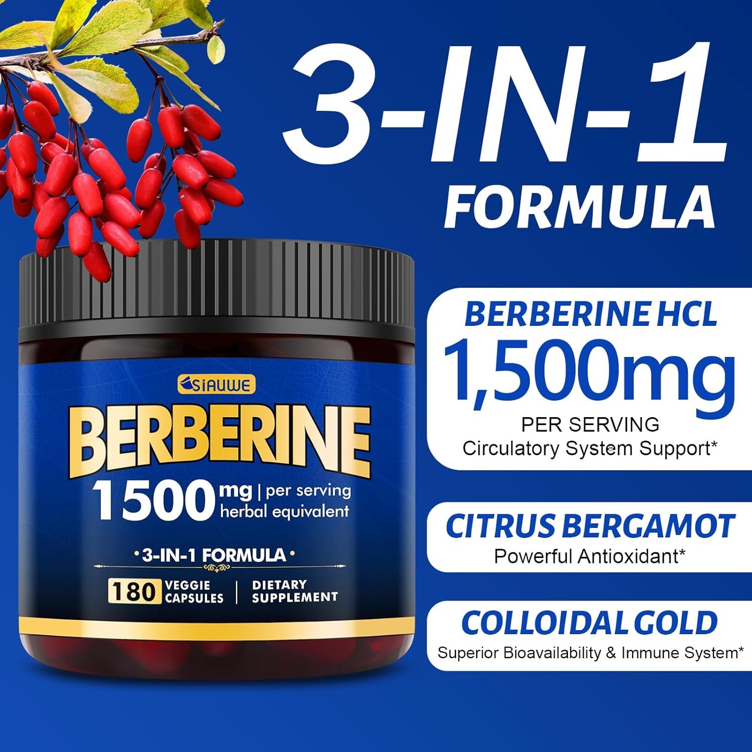 Berberine Supplement, High Strength Berberine 1500MG, 180 Caps - Plus Citrus Bergamot, Berberine HCI Root Supplements - Metabolic, AMPK Support Healthy Weight Management - Vegan, Organic, Non-GMO - Image 8