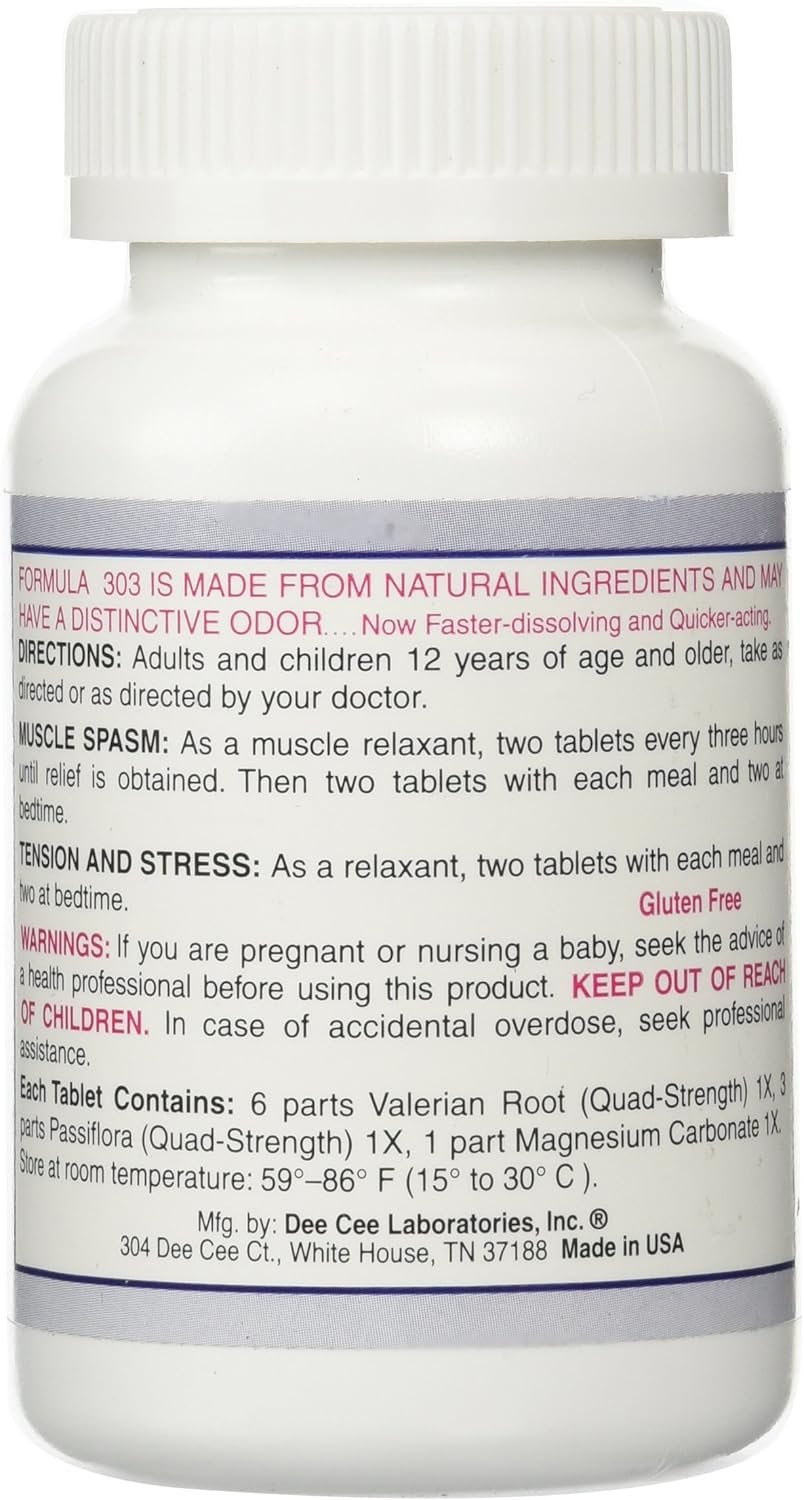 Dee Cee Labs Formula 303 Maximum Strength All-Natural Relaxant Tablets, 250 Tablets; All-Natural Relaxant containing Magnesium for Sore Muscles, Passion Flower, and Valerian Root - Image 3